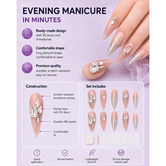 Nude‑Pink Almond Press‑On Nails, Luxury False Nails With Large Pink‑White Rhinestones & Silver Glitter For Party